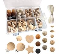 Artlatu Juego de 135 cuentas de madera de macramé, 102 cuentas de madera, 24 cuentas de madera de ganchillo de 20 mm, 10 clips de madera, cuerda de 20 m, para manualidades, fabricación de joyas,