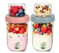 Artlyfe 2 vasos de cereales para llevar,Taza de avena de 500 ml + 120 ml, vasos de cristal de doble pared con tapa, Vasitos de yogur, perfectos para el trabajo, la escuela o los picnics