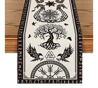 Artoid moda camino de mesa blanco, diseño de árbol vikingo de la vida, diseño de cuervo con casco de reverencia, decoración de mesa de temporada, decoración para interiores, vacaciones, fiestas, 40 x