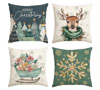 Artoid Mode Árboles, Renos, Trineo, Copos de Nieve, Feliz Navidad Fundas de Almohada 4 en 1, 45x45 cm Funda de Almohada Navideña Funda de Cojín Decorativa para Sofá