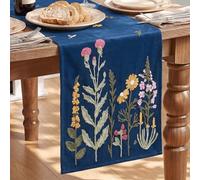 Artoid Mode Camino de mesa con bordado suave azul oscuro flores salvajes 33 x 183 cm, mesa de salón para casa, decoración interior, vacaciones, fiesta decoración