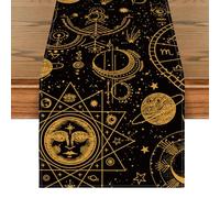 Artoid Mode Camino de mesa de cocina negro y dorado Astrología Oculta Luna Magia Mesa de Centro Decoración Interior Vacaciones Fiesta Decoración 40 x 180 cm