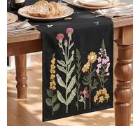 Artoid Mode Camino de mesa negro suave bordado flores salvajes Halloween 33 x 183 cm, mesa de salón hogar decoración interior vacaciones fiesta decoración