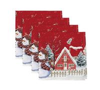Artoid Mode Juego de 4 servilletas de tela roja para casa, nieve, árboles, valla, muñeco de nieve, Navidad, 45 x 45 cm, decoración de cocina de invierno, cena, cafetería, celebraciones, decoración