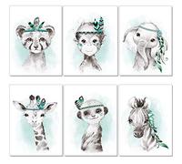 artpin® Juego de 6 imágenes para habitación infantil, niños, niñas, en verde menta, plumas grises, pósteres, bosques, selva, habitación de bebé, animales indios, P62