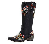 ARTRAY Botas de plataforma para mujer, botas de media altura, estilo retro, bordado, botas occidentales, botas de vaquero ligeras, tacón cuadrado, botas de ocio para ancianos, ajuste mejorado, Negro