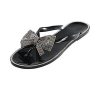 ARtray Cordones rojos planos 160 sandalias con lazo dorado para mujer, sandalias de moda con clip brillante con diamantes, sandalias de verano para mujer, colgantes de cordones, negro, 7 UK