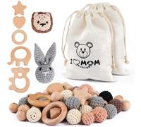 ARTREE Conjunto de cuentas y anillos de madera, 74 piezas de haya Cuentas redondas de madera con agujero para ensartar, cuentas de para macramé kit de manualidades DIY.