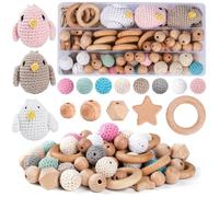 ARTREE Conjunto de cuentas y anillos de madera, 84 piezas de haya Cuentas redondas de madera con agujero para ensartar, cuentas de para macramé kit de manualidades DIY.