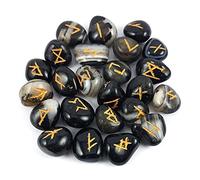 Arts Of India Juego de piedras de ónix negro | Piedras preciosas de adivinación nórdicas del alfabeto vikingo de cristal Futhark Wicca (rs021)