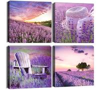 Artscope 4 Piezas Arte de Pared Impresiones en Lienzo - Cuadro Pintura de Lavanda - Obra de Arte de Pared Moderna Enmarcada para Decoración de Baño Hogar Oficina - 30 x 30 cm