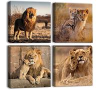 Artscope 4 Piezas Lienzos Decorativos - Familia de Leones Imágenes Estilo Nórdico Pintura Prueba de Agua con Marco Listo para Colgar para Sala de Estar Décor Dormitorio Regalo 30x30cm
