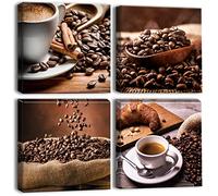 Artscope 4 Piezas Lienzos Decorativos - Granos de Café y Café Imágenes Estilo Nórdico Pintura Prueba de Agua con Marco Listo para Colgar para Sala de Estar Décor Dormitorio Regalo 30x30cm