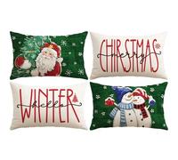 Artscope Juego de 4 Fundas de Cojines Navideño Funda de Almohada Navideñas para Cojines de Lino para Hogar Sofá Dormitorio 40 x 60 cm (Verde - Papá Noel y Pareja de Muñecos de Nieve)