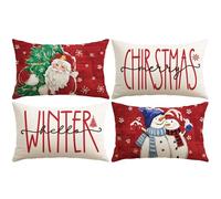 Artscope Juego de 4 Fundas de Cojines Navideño Funda de Almohada Navideñas para Cojines de Lino para Hogar Sofá Dormitorio 30 x 50 cm (Rojo - Papá Noel y Pareja de Muñecos de Nieve)