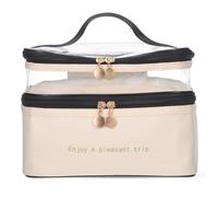 ARTSEWPLY Bolsa Maquillaje Mujer Doble Capa Beige con Compartimento Transparente y Bandas Elásticas Organizador Portátil para Viaje y Dormitorio