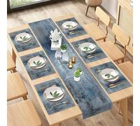 ArtSocket Camino de Mesa y manteles Individuales de Granja, Juego de 6, Abstracto, Azul, Gris, Gris, Pintura Vintage, decoración de Mesa de Comedor para Uso Diario (1 Camino de Mesa de 72 Pulgadas de