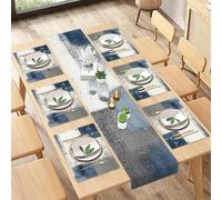 ArtSocket Camino de Mesa y manteles Individuales de Granja, Juego de 6, Pintura Abstracta Azul y Gris, decoración de Mesa de Comedor para Uso Diario (1 Camino de Mesa de 72 Pulgadas de Largo y 6