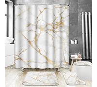 ArtSocket Juego de 4 Cortinas de Ducha con diseño de mármol, Dorado, Blanco, Negro, geométrico, Rosa, Piedra, Abstracto, Moderno, Vintage, Blanco, Dorado, con alfombras Antideslizantes, Cubierta de
