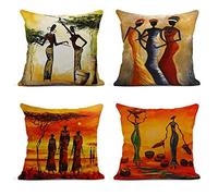 ArtSocket Juego de 4 fundas de almohada de lino con pintura al óleo para mujeres africanas, fundas de almohada decorativas para decoración del hogar, fundas cuadradas de 18 x 18 pulgadas