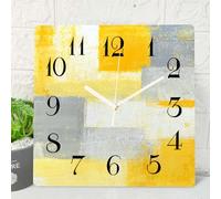 ArtSocket Reloj de Pared silencioso sin tictac de 12 Pulgadas, Estilo Vintage Moderno, Pintura Abstracta Amarilla, Gris y Blanco, Funciona con Pilas, Pantalla analógica