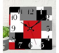 ArtSocket Wooden Wall Clock Silent Non-Ticking, Red Black Grey Abstract Geometric Minimalist Checkered Square Rustic Wall Clocks Decor for Home Kitchen Living Room Office, Battery Operated(12 Inch)