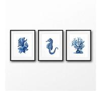 ARTTONIT Azul náutico Acuarela Carteles e Impresiones Decoración Costera Vida Marina Estrella de mar Coral Tortuga Ilustración Arte Lienzo Pintura 40x60cmx3 sin Marco