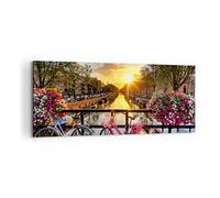 ARTTOR Cuadro Decorativo 100x40cm Moderno Panorámico Flores Ciudades - 3081 | bicicletas Canal Ámsterdam Cuadro sobre Lienzo Arte mural Decoración del Hogar Salón Dormitorio Oficina Cuadros de Pared