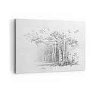 ARTTOR Cuadro Decorativo 100x70cm Horizontal Botánica Blanco y Negro - 4280 | Bosquejo Bosque Abedul Cuadro sobre Lienzo Grande Arte mural Decoración del Hogar Salón Dormitorio Oficina Cuadros de Pared