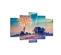 ARTTOR Cuadro Decorativo 150x100cm Moderno Tríptico Fantasy Paisajes - 2849 | Árbol Casa Estrellas Cuadro sobre Lienzo Grande Arte mural Decoración del Hogar Salón Dormitorio Oficina Cuadros de Pared