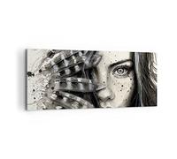 ARTTOR Lienzo Decorativo 120x50cm Panorámico Blanco y Negro Personas - 2874 | Mujer plumas Boca Cuadro sobre Lienzo Grande Arte mural Decoración del Hogar Salón Dormitorio Cocina Oficina Cuadros de Pared