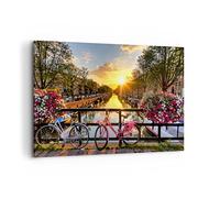 ARTTOR Lienzo Decorativo 120x80cm Moderno Horizontal Flores Ciudades - 3081 | bicicletas Canal Ámsterdam Cuadro sobre Lienzo Grande Arte mural Decoración del Hogar Salón Dormitorio Cuadros de Pared