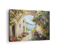 ARTTOR Lienzos decorativos Casa Santorini Flores Cuadro Sobre Lienzo Moderno 70x50cm Cuadros Decoracion Salon Dormitorio Cocina Cuadros Pared Imágenes Wall Art Prints Decor Canvas AA70x50-4191