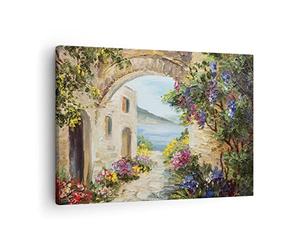 ARTTOR Lienzos decorativos Casa Santorini Flores Cuadro Sobre Lienzo Moderno 70x50cm Cuadros Decoracion Salon Dormitorio Cocina Cuadros Pared Imágenes Wall Art Prints Decor Canvas AA70x50-4191