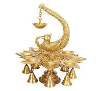 Artvarko Diya colgante de loro grande de latón con campanas Deepak tradicional para luces Puja Diwali, decoración del hogar, mandir soporte de regalo, dorado, 25,4 cm