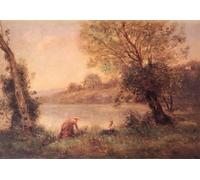 ARTXLXXBN Famoso Pinturas Murales Cuadros Abstractos Paysanne Et Son Enfant Entre Deux Arbres Au Bord De L'etang di Jean baptiste camille Corot para Decoración de Paredes 60x90cm