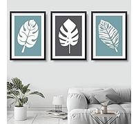 Artze Wall Art Art Prints Tropical Monstera Leaves - Juego de 3 piezas, tamaño A3, color azul, gris y blanco