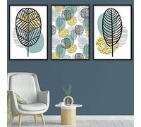 Artze Wall Art Juego de 3 impresiones artísticas de líneas geométricas de hojas botánicas, 30 cm de ancho x 40 cm de alto, azul, amarillo/gris