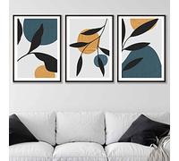 Artze Wall Art Juego de 3 impresiones artísticas de pared con formas texturizadas azules y amarillas con hojas negras y azules, 50 cm de ancho x 70 cm de alto