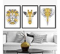 Artze Wall Art Juego de 3 impresiones artísticas geométricas de cabezas de selva, jirafa, león, elefante, 40 cm de ancho x 50 cm de alto, amarillo/gris