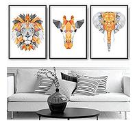 Artze Wall Art Juego de 3 impresiones artísticas geométricas de cabezas de selva, jirafa, león, elefante, 40 cm de ancho x 50 cm de alto, naranja/gris