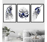 Artze Wall Art Juego de 3 impresiones artísticas geométricas de hojas tropicales, 30 cm de ancho x 40 cm de alto, color azul marino y gris