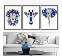 Artze Wall Art Juego de 3 impresiones geométricas con diseño de elefantes de león de jirafa, 21 cm de ancho x 30 cm de alto, azul/gris