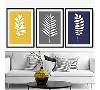 Artze Wall Art Tropical Fern Art Print - Juego de 3 piezas, 30 cm de ancho x 40 cm de alto, amarillo/gris/azul marino