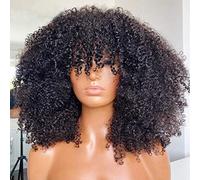 ARUKIHAIR Peluca afro rizada con flequillo, hecha a máquina, peluca de cabello humano virgen brasileño corto rizado de densidad 200, color natural, 18 pulgadas