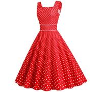 AruMinna Vestido rockabilly de los años 50 y 60 para mujer, estilo vintage, con vuelo, manga casquillo, cuello cuadrado, lunares, vestido midi para cóctel y noche, rosso, L