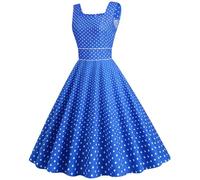 AruMinna Vestido rockabilly de los años 50 y 60 para mujer, estilo vintage, con vuelo, manga casquillo, cuello cuadrado, lunares, vestido midi para cóctel y noche, azul, L