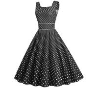 AruMinna Vestido rockabilly de los años 50 y 60 para mujer, estilo vintage, con vuelo, manga casquillo, cuello cuadrado, lunares, vestido midi para cóctel y noche, Negro, L