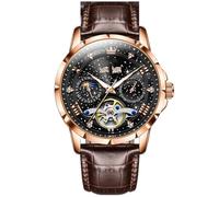 ARUNASC Reloj de Pulsera Reloj mecánico Totalmente automático, Resistente al Agua, for Hombre, multifunción, Luminoso, Digital(Brown Belt+Black Face)