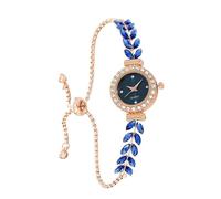 ARUNASO Reloj Reloj de Cuarzo con Diamantes for Mujer, Elegante Reloj de Esfera Redonda, Pulsera de Hojas Ajustable Sencilla for Mujer Inteligente(BLU)